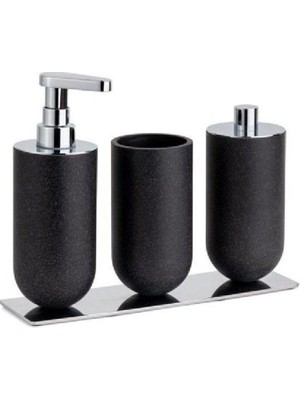 Die Grup System 3'lü Set Sıvı Sabunluk-Diş Fırçalığı-Pamukluk Siyah/krom Renk 206X87X265 mm