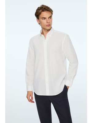 Aesco Morven Erkek Beyaz Keten Trend Düz Regular Fit Düğmeli Yaka Gömlek