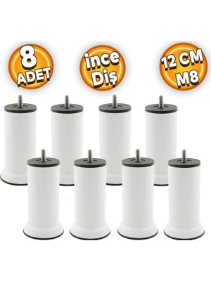 Aesco BADEM10 Mobilya Baza Metal Kanepe Koltuk Destek Ayağı M8 Civatalı Ince Diş Beyaz Metal Ayak 12 cm (8 Adet)