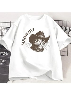 Die Grup Tarzsokak Beyaz Meowdy Kovboy Kediler Vintage Kovboy Kedi 90S Komik Sevimli Yavru Kedi, Beyaz-84, M