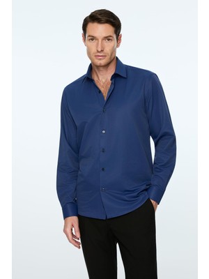 Aesco Morven Erkek Lacivert Düz Slim Fit Sert Yaka Gömlek