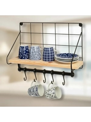Uravas Store 42 cm Ahşap Raflı Metal Fincan Askılı Mutfak Kahve Düzenleyici