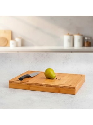 Uravas Store Doğal Ahşap Mutfak Doğrama Panosu 38X45 cm Oluklu Tezgah Kesim Tahtası