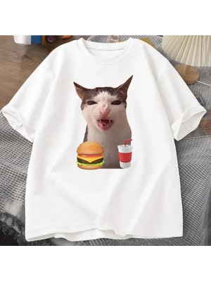 Die Grup Tarzsokak Beyaz Kedi Çıtır Gıda Meme Aptal Komik Kedi Yeme, Beyaz-3, M