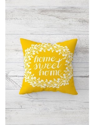Die Grup Pelangi Sarı Home Sweet Home Çift Tarafı Baskılı Gizli Fermuarlı Yastık Kılıfı Kırlent Koltuk Yastık Kılıfı, Sarı 45 x 45