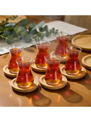 Die Grup Çay Bardağı ve Bambu Ahşap Altlık Seti, 6 Bardak ve 6 Altlık, Şeffaf Cam, Doğal Bambu