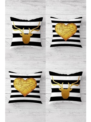 Die Grup Pelangi Gold Kalp ve Geyik Desenli Spor Gizli Fermuarlı Kırlent Kılıfı Koltuk Yastık Kılıfı TAKIM(4ADET), Gold-Siyah 45 x 45