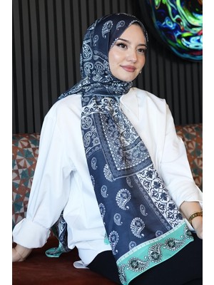 Die Grup Paisley Desen Lacivert Soft Pamuk Şal Lacivert