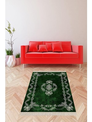Die Grup Pelangi Yeşil Osmanlı Desen Çerçeveli Dijital Baskı Yıkanabilir Kaymaz Taban Klasik Salon Halısı ve Yolluk, Zümrüt Yeşili 130 x 180