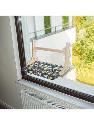 Die Grup Gobypet Güçlü Vantuzlu Kedi Cam Yatağı, Cama Asılan Ahşap Kedi Yatağı, 6 Güçlü Vantuzlu, Minderli, Pencere Önü Dinlenme Alanı, Standart (Kedili Desen)