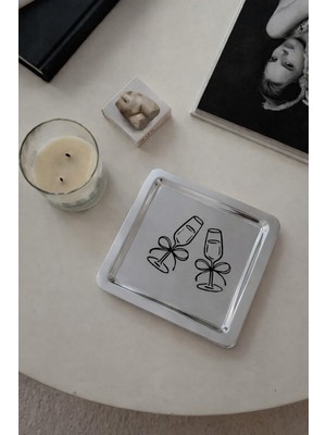 Die Grup Beige & Stone Kadeh Desenli Kare Paslanmaz Çelik Çelik Çay Söz Nişan Sunum ve Dekoratif Tepsi
