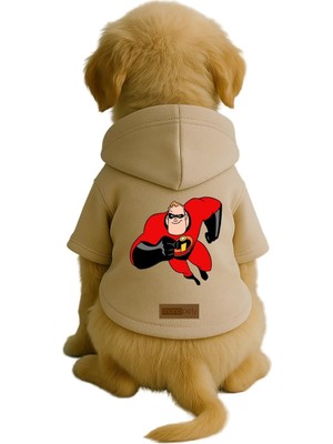 Die Grup Monopetz Baskılı Içi Polarlı Köpek ve Kedi Kıyafeti & Elbisesi - Bej Renk Kapüşonlu Hoodie B61CE, 5xl