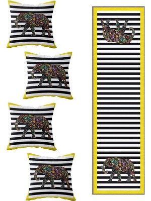 Die Grup Pelangi Sarı Etnik Fil Salon Mutfak Masa Değişik Ranır Modelleri Dekoratif 4'lü Kırlent Kılıfı ve Runner Set, Siyah-Beyaz-Sarı 40 x 140