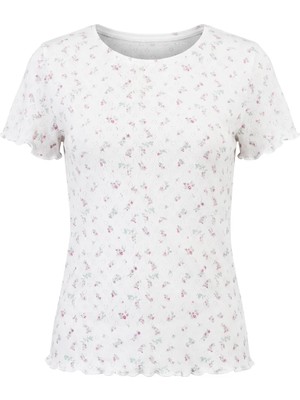 Bonbon Kadın Pamuklu Bohçalık Çeyizlik Ve Hediyelik Pointel Çiçek Desenli Ribana Kumaş Kısa Kollu Tshirt BB2762
