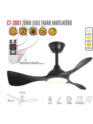 Die Grup Cata CT-3001 Modern Tavan Vantilatörü Siyah LED Işıklı ve Uzaktan Kumandalı LED Sessiz Motor Şık Tasarım 3 Renk Moduyl