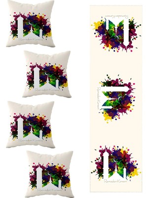 Die Grup Pelangi Ramadan Kareem Renkli Boyalı Masa Değişik Ranır Modelleri Dekoratif 4'lü Kırlent Kılıfı Runner Seti, Bej-Sarı-Mor-Mavi 40 x 140