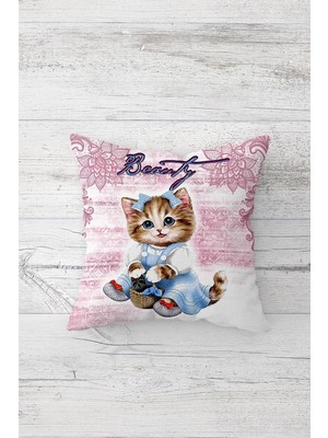 Die Grup Pelangi Cute Cat Sevimli Kedili Çift Tarafı Baskı Gizli Fermuar Genç Kız Kırlent Koltuk Yastık Kılıfı, Pudra 45 x 45, 2469108345451