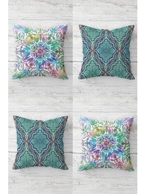 Die Grup Pelangi Etnik Desenli Renkli Gizli Fermuarlı Kırlent Kılıfı Koltuk Yastık Kılıfı TAKIM(4ADET), Turkuvaz 43 x 43