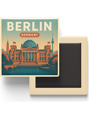 Die Grup Berlin Almanya - Reichstag Binası - Baskılı Buzdolap Magneti Kare 9x9 cm