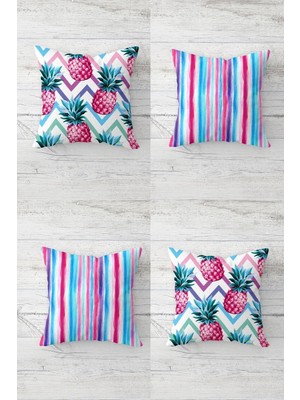 Die Grup Pelangi Renkli Ananaslar ve Çizgili Desen Gizli Fermuarlı Kırlent Kılıfı Koltuk Yastık Kılıfı TAKIM(4ADET), Pembe-Yeşil-Mor 45 x 45