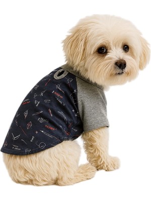 Die Grup Mpz PETS%100 Pamuk Kedi ve Köpek Kıyafeti Lacivert Geo Desenli Basic T Shirt L