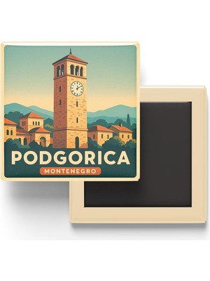 Die Grup Podgorica Karadağ - Saat Kulesi - Baskılı Buzdolap Magneti Kare 9x9 cm