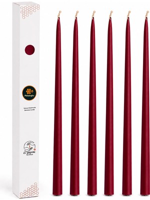 Die Grup Petekoğlu Balmumu Mum (Beeswax Candle) 6'lı Bordo Konik Şamdan Mum Seti 34 cm Dekoratif Doğal Arı Balmumu Mum