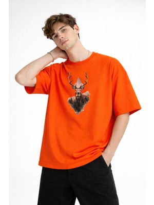 paris store Deer - Oversize Erkek Tişört Turuncu