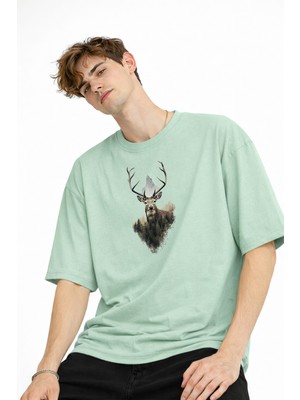 paris store Deer - Oversize Erkek Tişört Su Yesılı