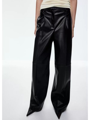 Mango Deri Görünümlü Wide Leg Pantolon