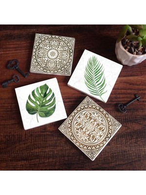 Die Grup Pinecone Stone Etnik Desen, Yaprak Taş Bardak Altlığı Seti - 4 Parça - Dekoratif, Rustik Mutfak Aksesuarı, 10X10 Cm, Kaydırmaz Tabanlı, Şık ve Dayanıklı SC369