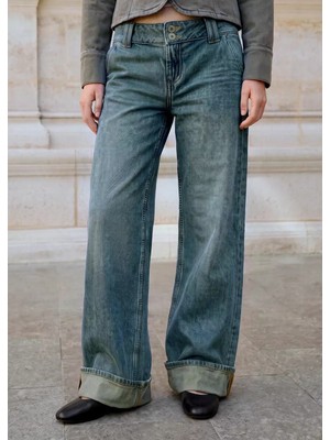 Mango Wide-Leg Kıvrık Paçalı Jean Pantolon