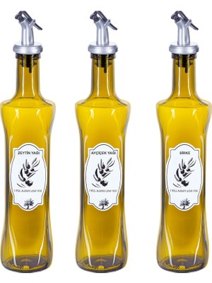 Die Grup Promosyonca 3 Adet Cam Yağdanlık, Zeytin Yağı, Ayçiçek Yağı ve Sirke Etiketli, 3 Adet Tıpalı
