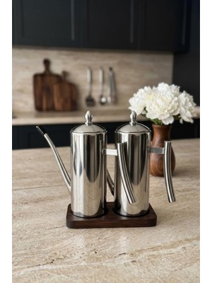 Die Grup Atbyhome 2'li Çelik 3 Parça 700ML Standlı Çok Amaçlı Demlik Yağlık Yağdanlık Seti