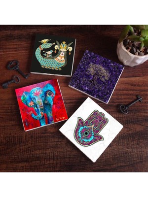 Die Grup Pinecone Stone Hayat Ağacı, Fil, Fatma Ana Eli (Hamsa), Şahmeran Taş Bardak Altlığı Seti - 4 Parça - Dekoratif, Rustik Mutfak Aksesuarı, 10X10 Cm, Kaydırmaz Tabanlı, Şık ve Dayanıklı SC252