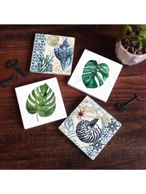 Die Grup Pinecone Stone Deniz Kabuğu, Yaprak Taş Bardak Altlığı Seti - 4 Parça - Dekoratif, Rustik Mutfak Aksesuarı, 10X10 Cm, Kaydırmaz Tabanlı, Şık ve Dayanıklı SC422