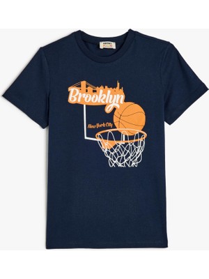 Die Grup Koton Basketbol Baskılı Kısa Kollu Pamuklu Tişört, 7-8 Yaş, 5SKB10133TK, Lacivert, Erkek