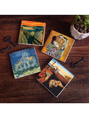 Die Grup Pinecone Stone Dalí Belleğin Azmi, Van Gogh Kilise, Çığlık, Klimt Aile Kucaklama Taş Bardak Altlığı Seti - 4 Parça - Dekoratif, Rustik, 10X10 Cm, Kaydırmaz Tabanlı, Şık ve Dayanıklı SC548