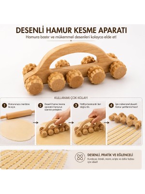 Die Grup Desenli Ahşap Hamur Kesme Aparatı – Pratik Hamur Şekillendirme ve Kesme Rulosu – Solingen Hamur Kesme Metali Hediye
