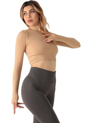 Die Grup Doremi Uzun Kollu Bisiklet Yaka Fitilli Crop Camel Xs/s