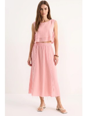 Efnaz Style Kadın Beli Lastikli Etek Yandan Bağlama Detaylı Crop Müslin Şeker Pembe Alt Üst Takım