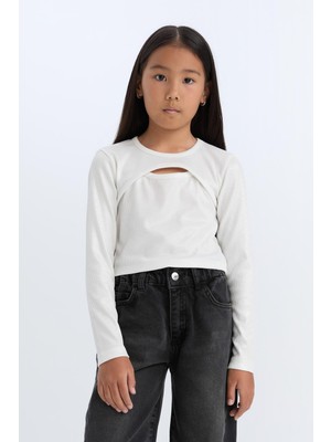 Die Grup Defacto Slim Fit Dar Kesim Bisiklet Yaka Parlak Kumaş Fitilli Kaşkorse Uzun Kollu Tişört Kız Çocuk D5419A824WN