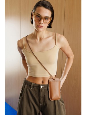 Die Grup Kadın Scuba Kumaş Ip Askılı Crop Top Crop-Atlet Bej Xl