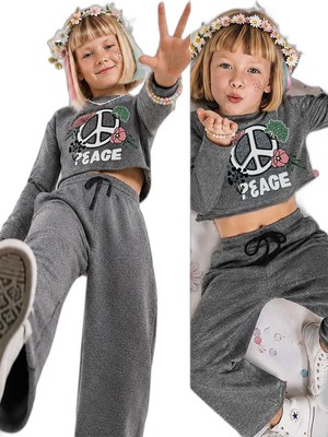 Die Grup Kız Çocuk Eşofman Takım Crop Sweatshirt - Ispanyol Paça Eşofman Altı (7-12 Yaş)
