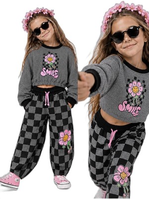 Die Grup Kız Çocuk Eşofman Takım Crop Sweatshirt - Damalı Bol Eşofman Altı Oversize Kışlık (4-10 Yaş)
