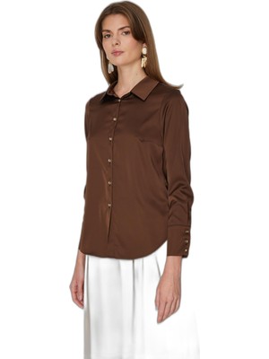 Die Grup Ekol Kadın Pens Detaylı Polo Yaka Gömlek 2002 Kakao