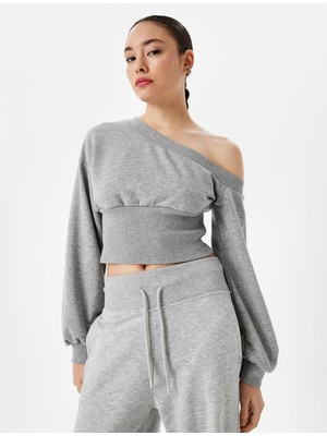 Die Grup Slim Fit Asimetrik Yaka Korse Detaylı Uzun Kollu Crop Sweatshirt