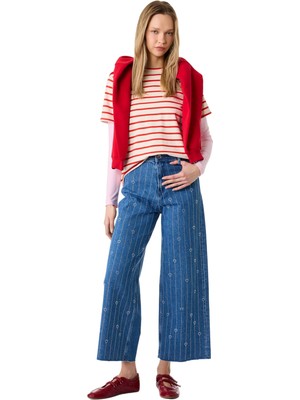 Die Grup Yüksek Bel Taş Detaylı Kalpli Kısa Geniş Paça Denim Pantolon - Culotte Jeans