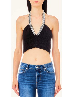Die Grup Kadın Boyundan Bağlamalı Crop Boy Kolsuz Siyah T-Shirt MA4153J4061-22222