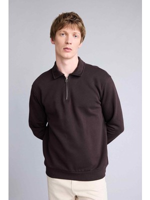 Die Grup Defacto Pamuklu Regular Fit Polo Yaka Kalın Kumaş Sweatshirt H1833AX26SP